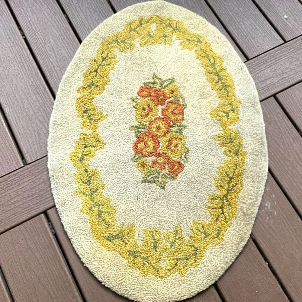 Oval floral hook rug yellow and orange vintage floral hook rug 35